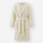 Cream hooded bathrobe with front pockets and a tie belt, displayed against a light neutral background.