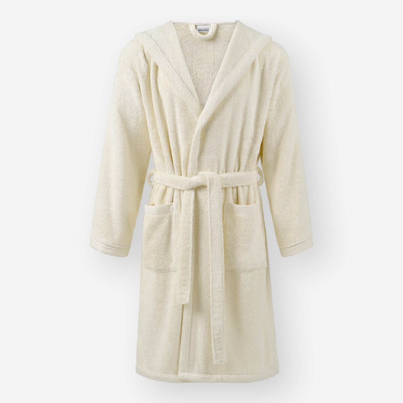 Cream hooded bathrobe with front pockets and a tie belt, displayed against a light neutral background.