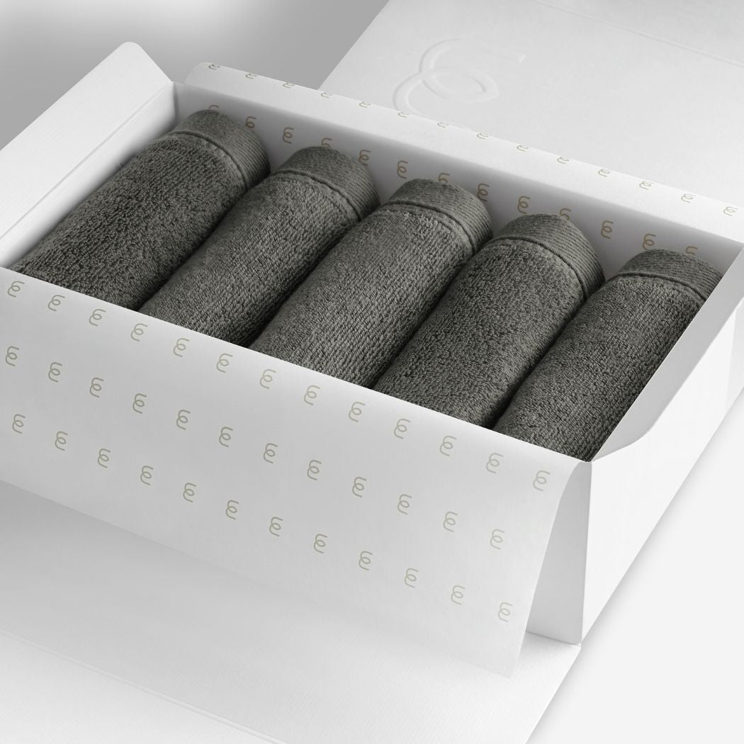 Dark grey organic cotton washcloth set.