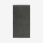 Charcoal gray cotton bath sheet in vertical orientation with woven border bands, shown against a white background.