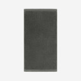 Charcoal gray cotton bath sheet in vertical orientation with woven border bands, shown against a white background.