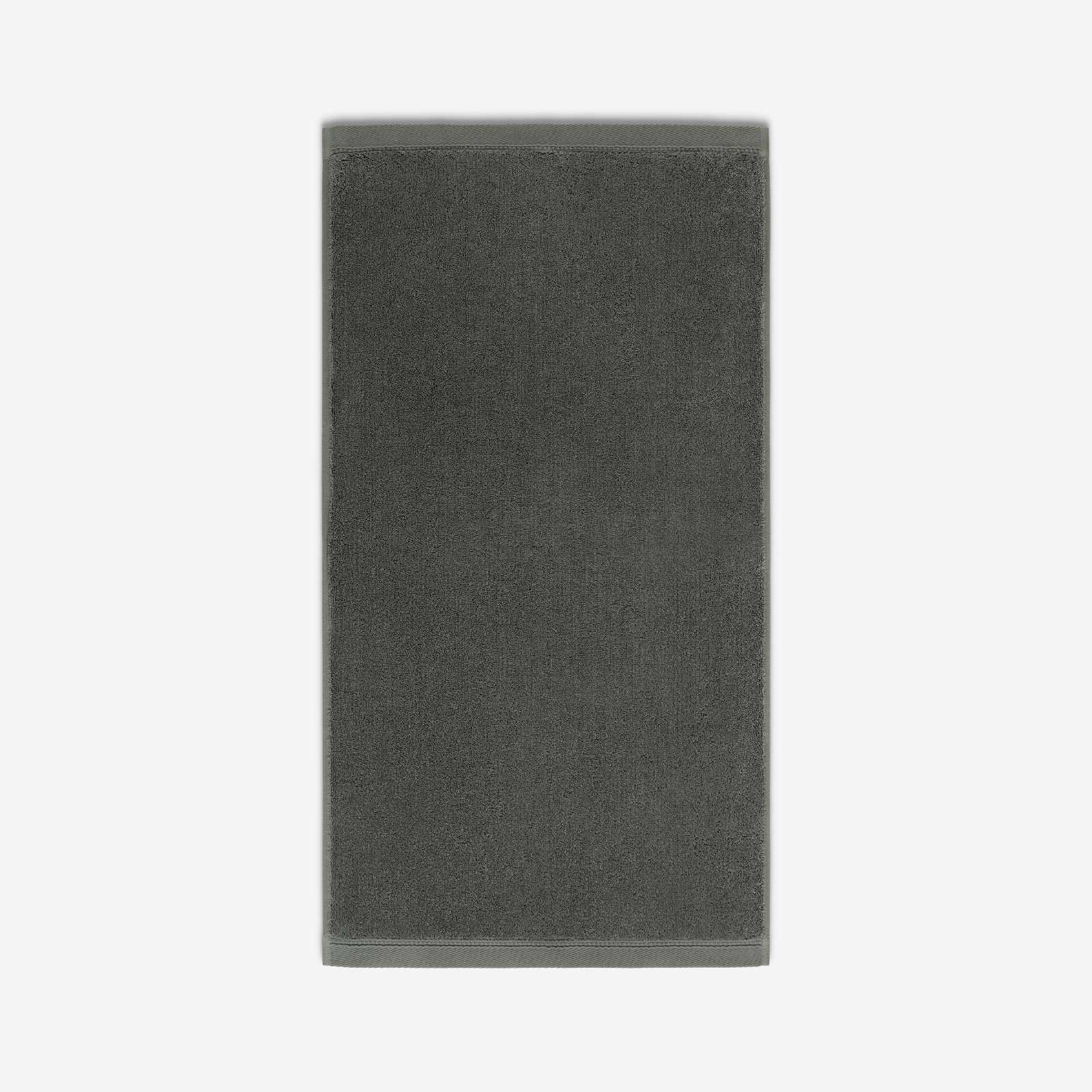Charcoal gray cotton bath sheet in vertical orientation with woven border bands, shown against a white background.