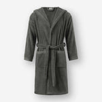 Front view of a dark grey terry cotton bathrobe featuring a hood, waist tie belt, and front patch pockets against a white background.
