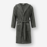 Front view of a dark grey terry cotton bathrobe featuring a hood, waist tie belt, and front patch pockets against a white background.