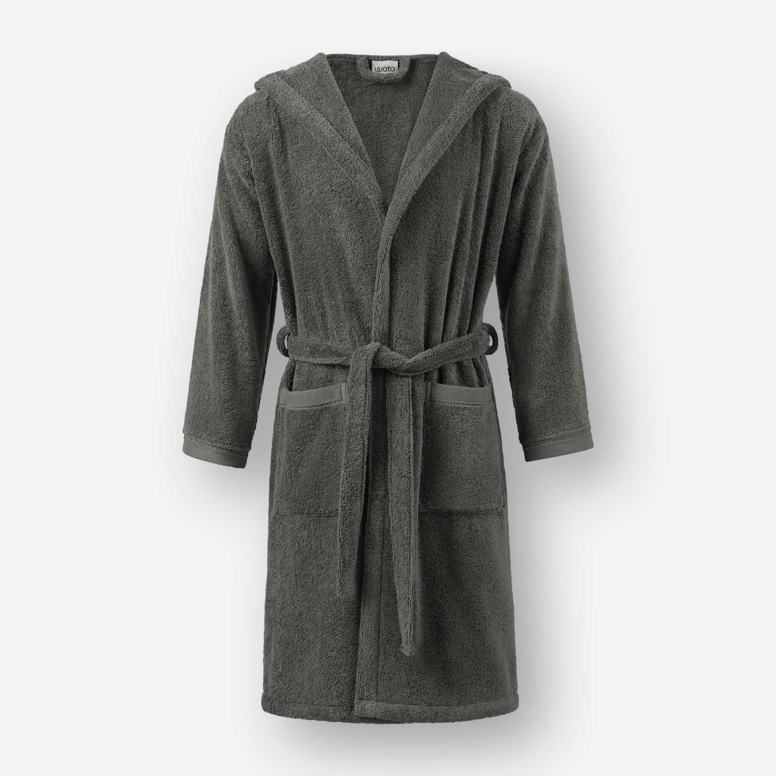 Front view of a dark grey terry cotton bathrobe featuring a hood, waist tie belt, and front patch pockets against a white background.