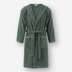 Front view of a mosstone terry cotton bathrobe, waist tie belt, and front patch pockets against a neutral background.