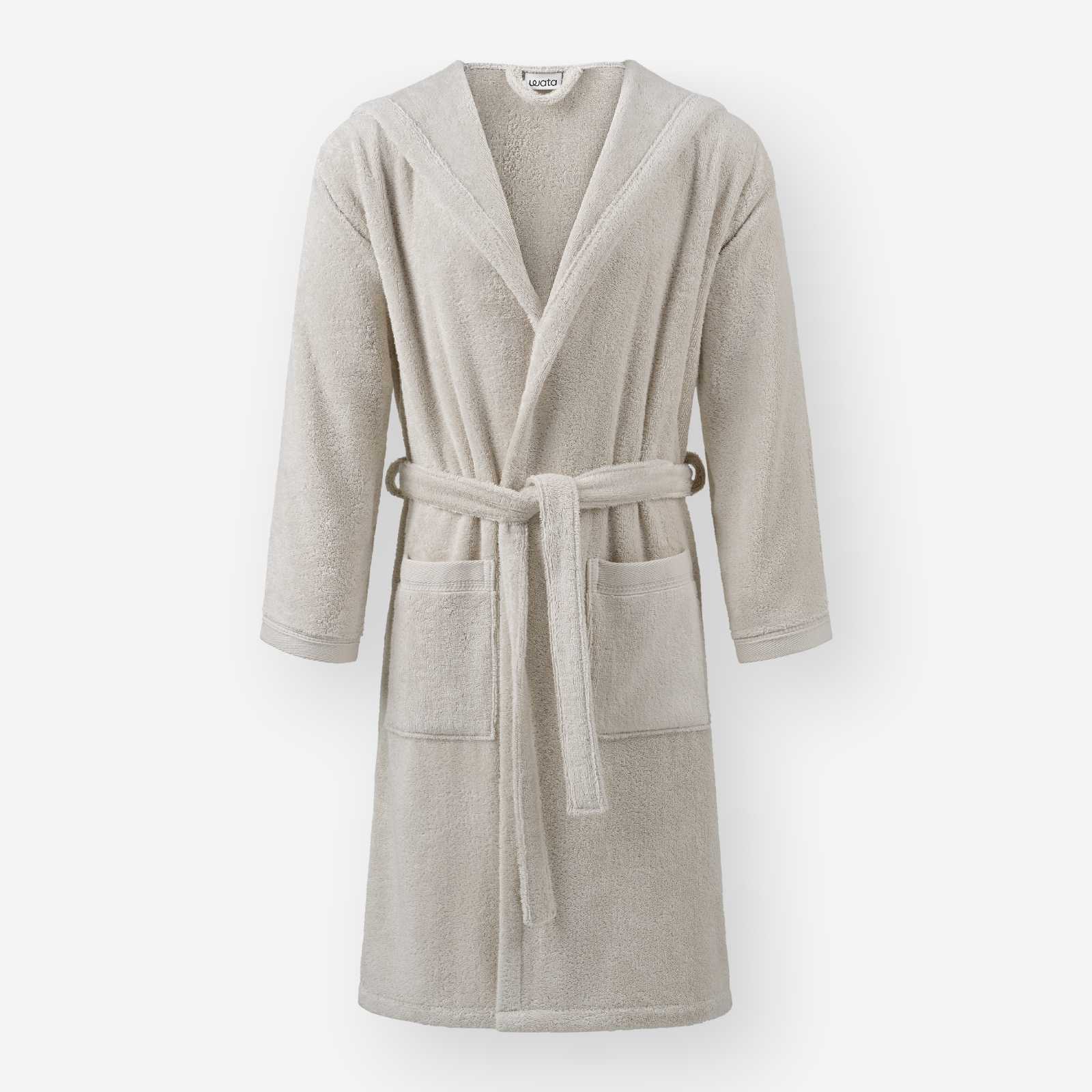 Light taupe hooded terry cotton bathrobe with belt and front pockets, shown against a neutral background.