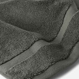 Close-up of a dark gray cotton bath sheet highlighting the dense terry texture and woven border detail.