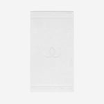 White bath mat with a tonal embroidered logo, shown against a white background.
