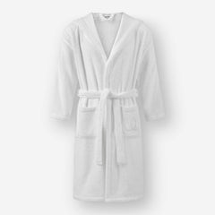 White hooded terry cotton bathrobe with belt and front pockets, shown against a neutral background.