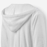 Back view highlighting the oversized hood on a white terry cotton bathrobe.