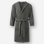 Charcoal gray hooded terry cotton bathrobe with belt and front pockets, shown against a neutral background.