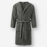 Charcoal gray hooded terry cotton bathrobe with belt and front pockets, shown against a neutral background.