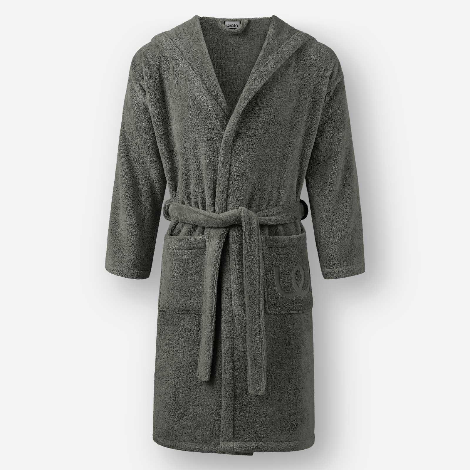 Charcoal gray hooded terry cotton bathrobe with belt and front pockets, shown against a neutral background.