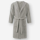 Light gray hooded terry cotton bathrobe with belt and front pockets, shown against a neutral background.