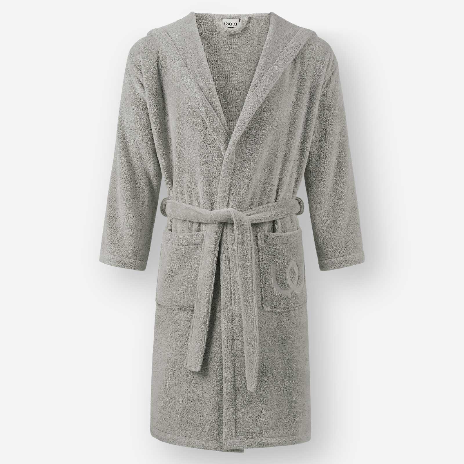 Light gray hooded terry cotton bathrobe with belt and front pockets, shown against a neutral background.