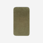 Top view of a dark olive organic cotton towel laid flat with rounded corners, shown on a white background.