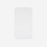 Top view of a white cotton towel laid flat with rounded corners, shown on a white background.