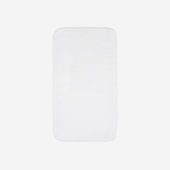 Top view of a white cotton towel laid flat with rounded corners, shown on a white background.