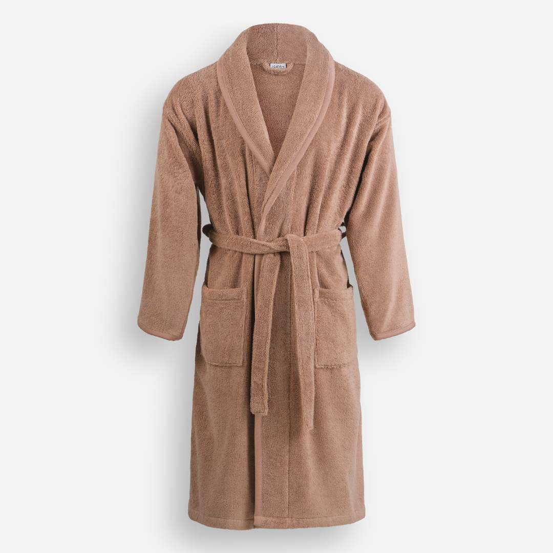WATA VIVO Organic Cotton bathrobe in cinnamon, 420 GSM, shawl collar, front view.