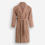 WATA VIVO Organic Cotton bathrobe in cinnamon, 420 GSM, shawl collar, front view.