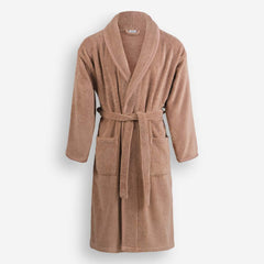 WATA VIVO Organic Cotton bathrobe in cinnamon, 420 GSM, shawl collar, front view.