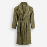 WATA VIVO Organic Cotton bathrobe in dark olive, 420 GSM, shawl collar, front view.