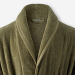 Shawl collar detail of WATA VIVO Organic Cotton bathrobe in dark olive.