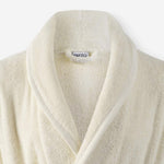 Shawl collar detail of WATA VIVO Organic Cotton bathrobe in ivory.