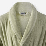 Shawl collar detail of WATA VIVO Organic Cotton bathrobe in light grey.