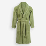 WATA VIVO organic cotton bathrobe in mosstone green, 420 GSM, shawl collar, front view.