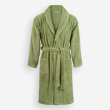 WATA VIVO organic cotton bathrobe in mosstone green, 420 GSM, shawl collar, front view.
