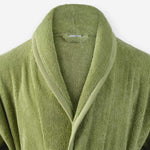 Shawl collar detail of WATA VIVO Organic Cotton bathrobe in mosstone green.