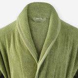 Shawl collar detail of WATA VIVO Organic Cotton bathrobe in mosstone green.