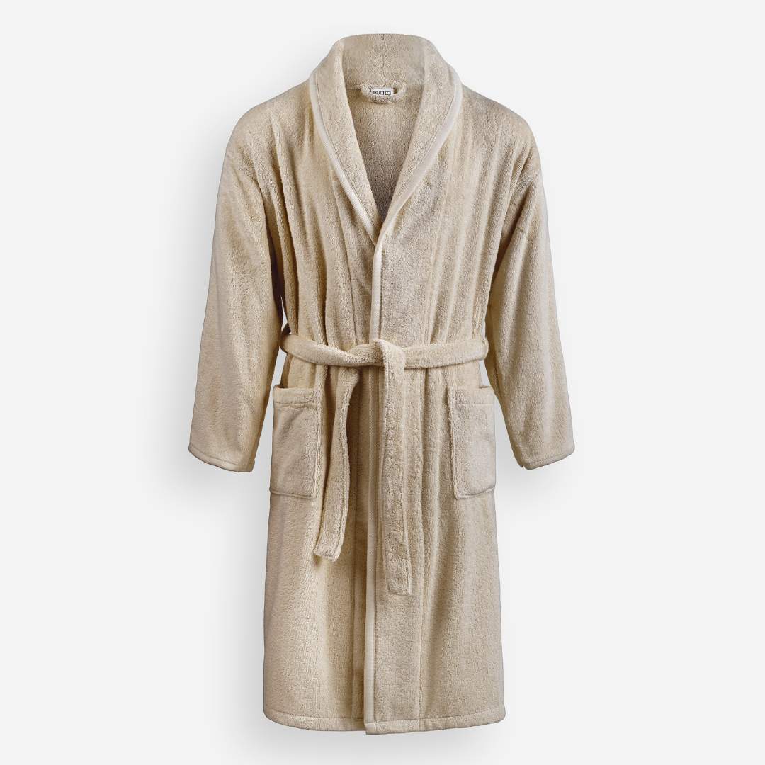 WATA VIVO Organic Cotton bathrobe in sand, 420 GSM, shawl collar, front view.