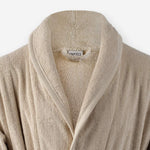 Shawl collar detail of WATA VIVO Organic Cotton bathrobe in sand.