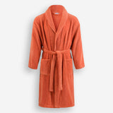 WATA VIVO Organic Cotton bathrobe in terracotta, 420 GSM, shawl collar, front view.