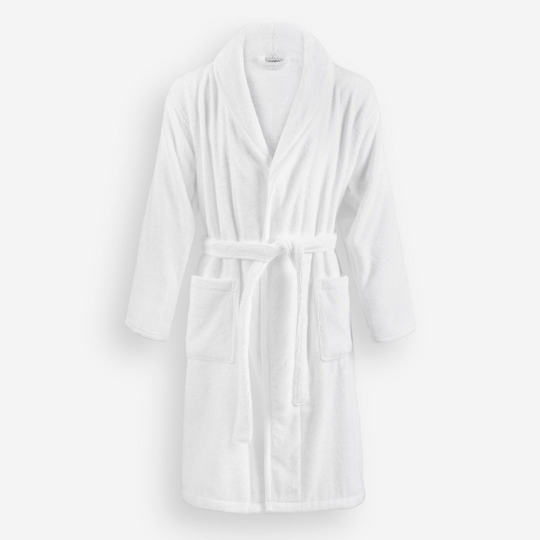 WATA VIVO Organic Cotton bathrobe in white, 420 GSM, shawl collar, front view.