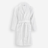 WATA VIVO Organic Cotton bathrobe in white, 420 GSM, shawl collar, front view.