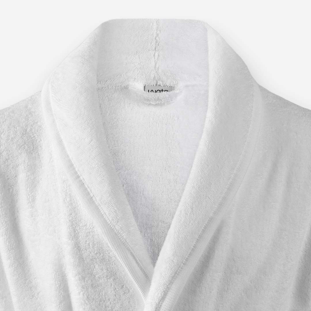 Shawl collar detail of WATA VIVO Organic Cotton bathrobe in white.