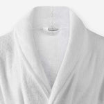 Shawl collar detail of WATA VIVO Organic Cotton bathrobe in white.